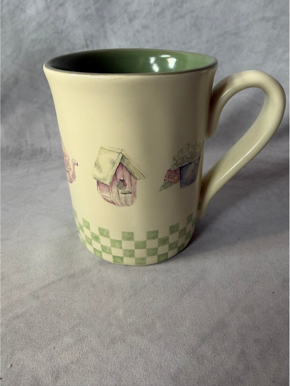 Sonoma Home Goods Ceramic Mug Garden Birdhouse Watering Can Green Checkered